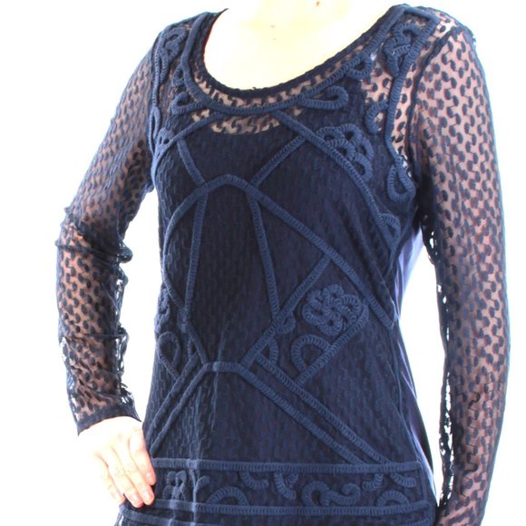 INC INTERNATIONAL CONCEPTS Bobbi + Bricka Navy Lace Front Sheer Long Sleeves NWT - Picture 2 of 5